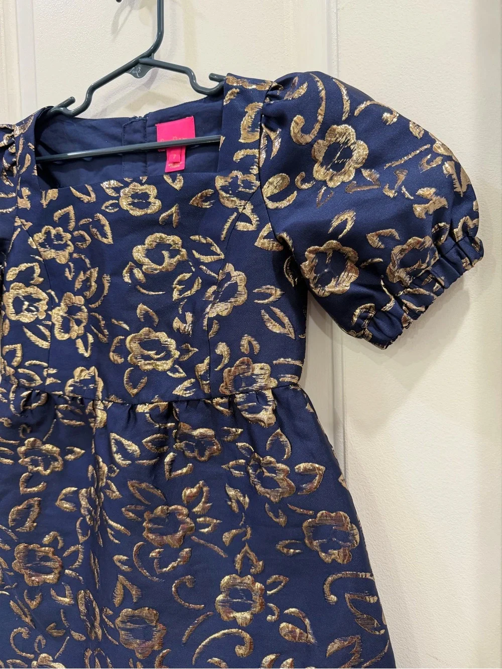 Lilly Pulitzer Girls Mini Kasslyn Dress Navy Gold Floral Brocade Size 7
